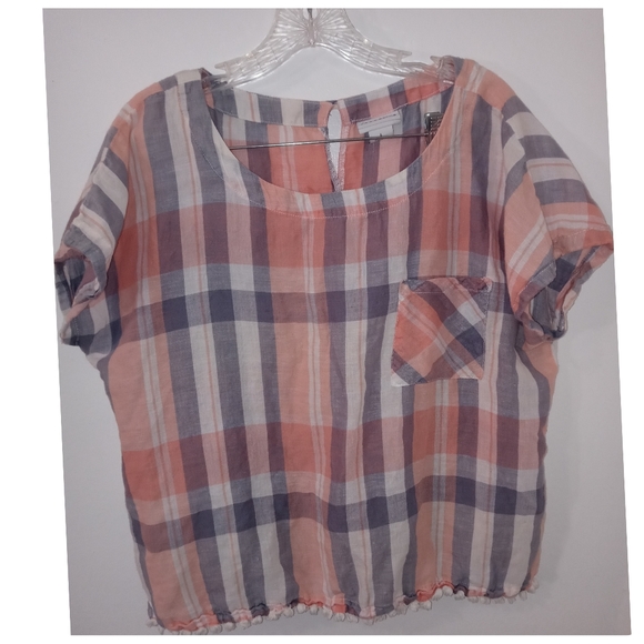 Neutral Check Print Linen Cotton Blend Gray White Peach Orange Top Size Large● - Picture 7 of 16
